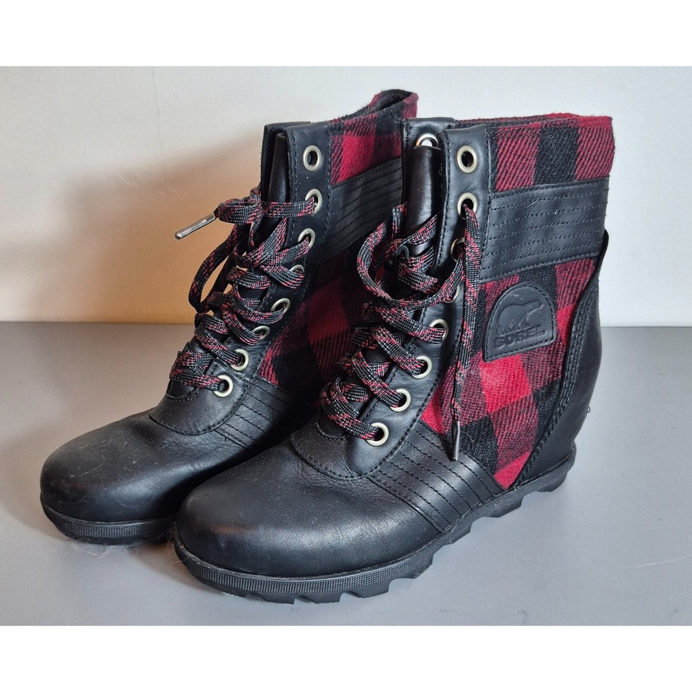 Sorel Womens Lexie Wedge Boots Size 9 Red Black Buffalo Check UK 7 EUR 40